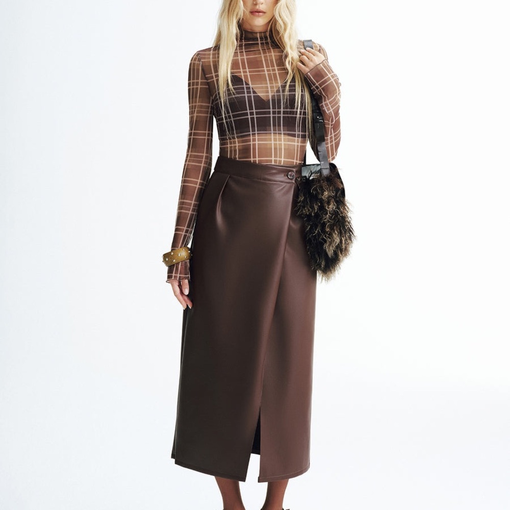 NWT Commense Chocolate Brown Faux Leather Slit Midi Skirt Small